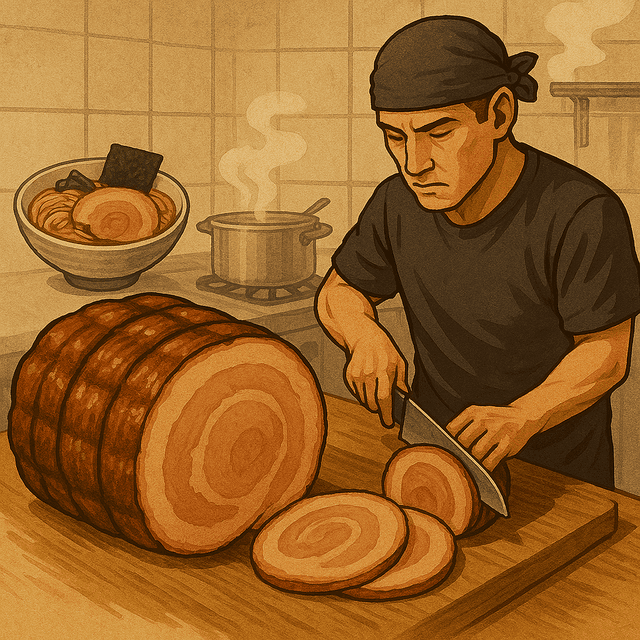 ラーメン職人がチャーシューを切るイラスト