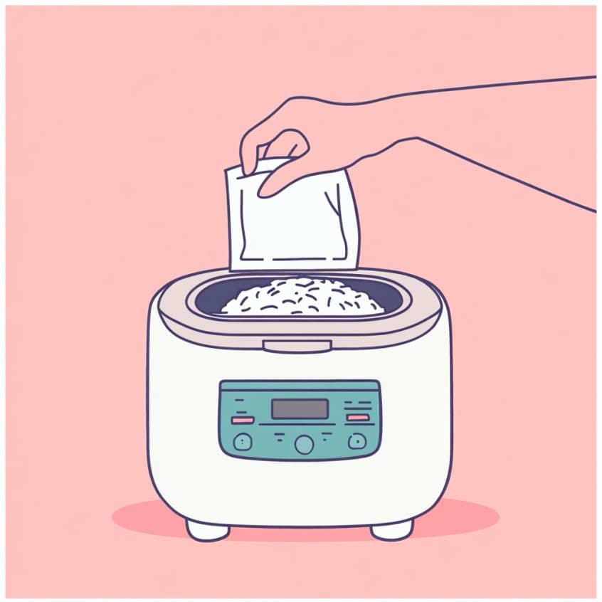 炊飯器にお米と商品を投入する様子